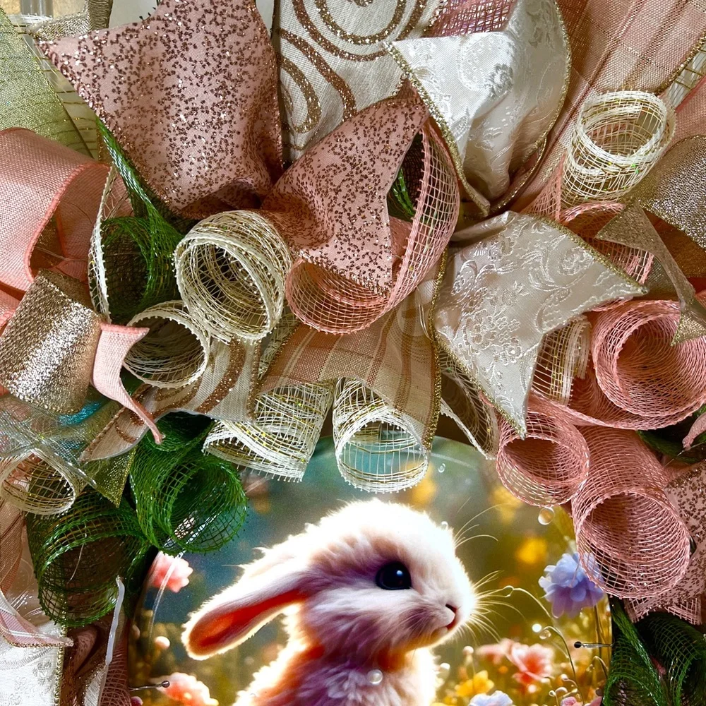 Handmade Floral Bunny Spring Prelit Ribbon Wreath 22 in LED W4